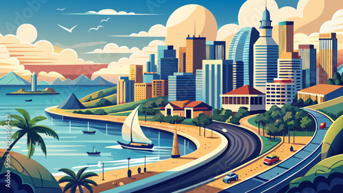 Very beautiful skyline of Luanda featuring the bay, seaside promenade, and coastal highway, capturing the dynamic relationship between ocean, infrastructure, and modern African city life.