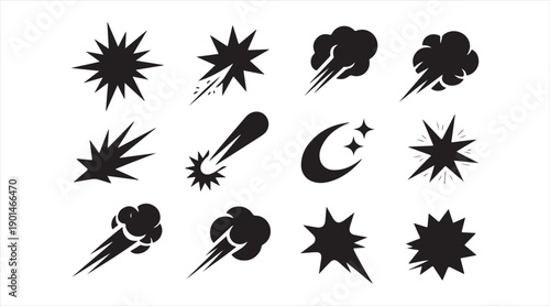 Blast, burst and action effect symbol collection in flat vector design