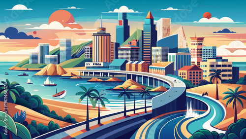 Very beautiful skyline of Luanda featuring the bay, seaside promenade, and coastal highway, capturing the dynamic relationship between ocean, infrastructure, and modern African city life.