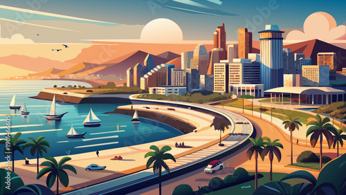 Very beautiful skyline of Luanda featuring the bay, seaside promenade, and coastal highway, capturing the dynamic relationship between ocean, infrastructure, and modern African city life.