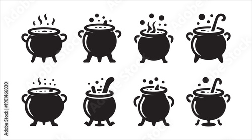 Black witch cauldron and magic potion icons set for Halloween