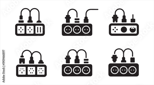 Black power outlet and plug icons set with extension cord symbols