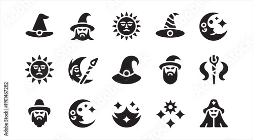 Spooky witchcraft and lunar phase icons in minimal black vector style