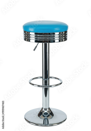 hyper-detailed 1950s american retro diner stool with vibrant blue vinyl, polished chrome bands, isolated on a high-key white background. concept of vintage americana nostalgia