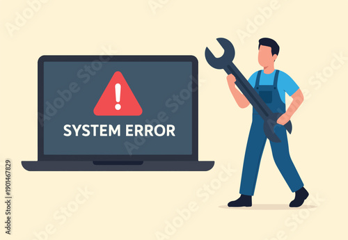 System error, software problem or system failure, security alert or hardware fault to be fixed, caution or maintenance concept, young technician holding wrench fix system failure message on computer.