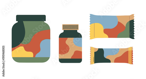 Colorful abstract design on various supplement packaging.