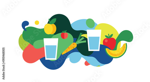 Colorful illustration of healthy drinks with fruits and vegetables.