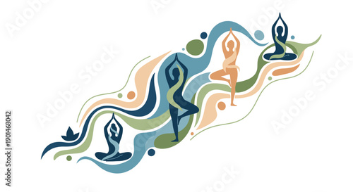 Serene yoga poses in flowing abstract shapes and vibrant colors.