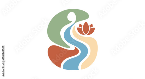 Abstract logo design with flowing shapes and lotus flower.