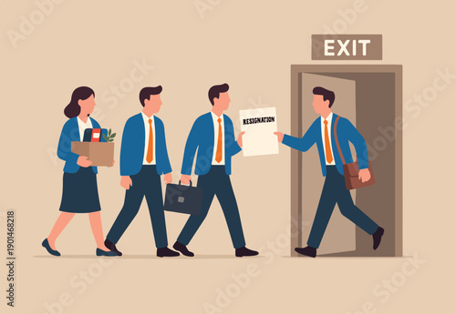 Great resignation, employee resign, quit or leaving company, people management or human resources problem concept, business people employee resign and walk through exit door.