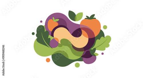 Colorful illustration of mixed vegetables and fruits.