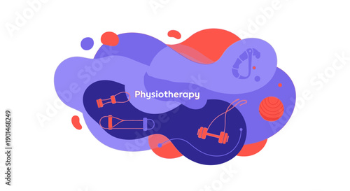 Physiotherapy illustration with abstract shapes and medical icons.