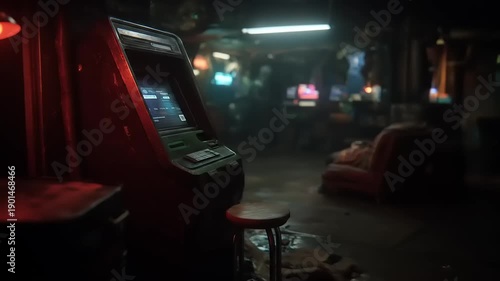 Dark arcade interior with retro gaming machine and dim lighting.