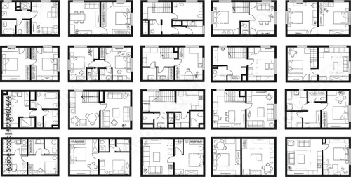 Black and white floor plans of various apartments and houses house plans apartment layouts architectural black and white