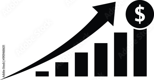 Black and white graph with dollar sign and rising arrow chart bar graph