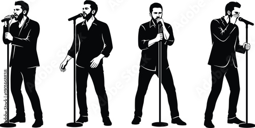 Black and white of four men singing into microphones singers standing