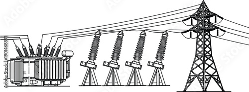 Black and white of power transmission tower and transformer electricity