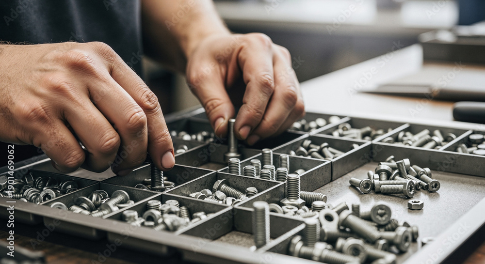 Fototapeta premium Mechanic sorting bolts on tray in workshop with organized tools