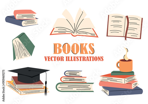 Books illustration set with open books, stacks, coffee cup and graduation cap. Reading and education elements for school, study and library