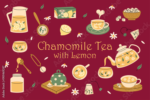 Chamomile tea with lemon set. Cozy herbal drink collection