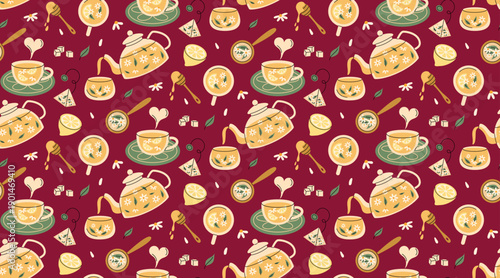 Seamless chamomile tea pattern with teapot, cups, lemon and honey. Cozy herbal drink background