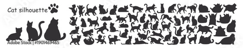 Set of black cat silhouettes. Silhouettes of cute little, adult and fat cats