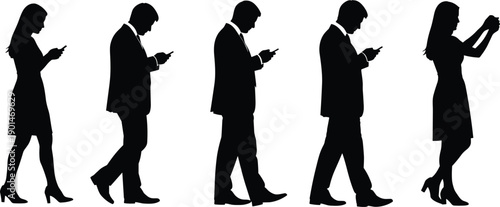 Black silhouettes of people walking and using smartphones mobile phones business attire