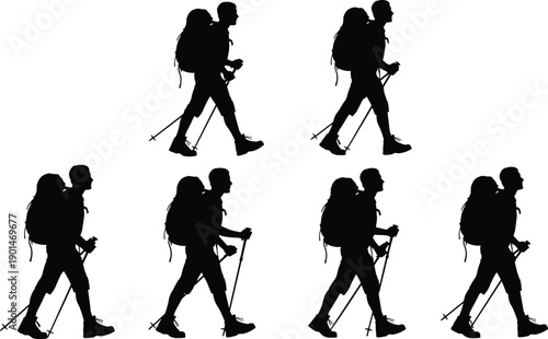 Black silhouettes of people walking with backpacks and trekking poles hiking