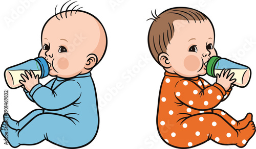Cartoon babies drinking from bottles baby infants