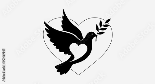 A black silhouette of a dove flying with an olive branch in its beak inside a heart