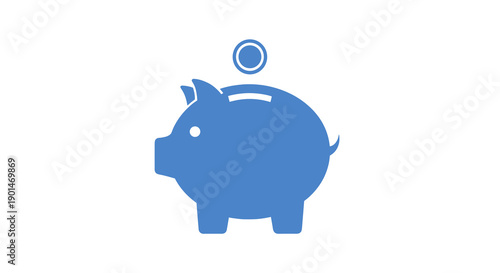 A blue piggy bank icon with a coin slot and a coin above it