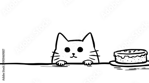 A curious cartoon cat peeking over a surface towards a slice of cake