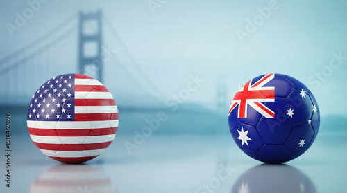 Soccer balls with USA and Australia flags in front of a blurred view of the Golden Gate Bridge.