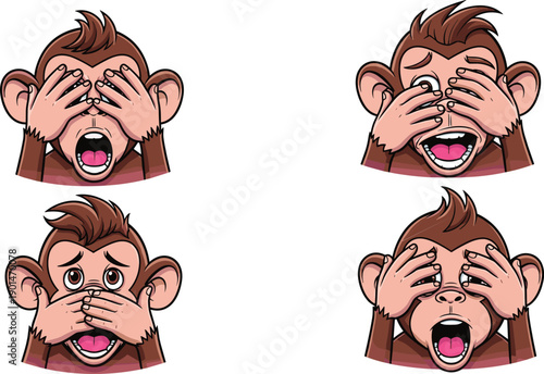 Cartoon monkey faces with hands covering eyes and mouth emotions expressions