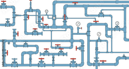 Complex blue pipe system with valves and gauges plumbing industrial