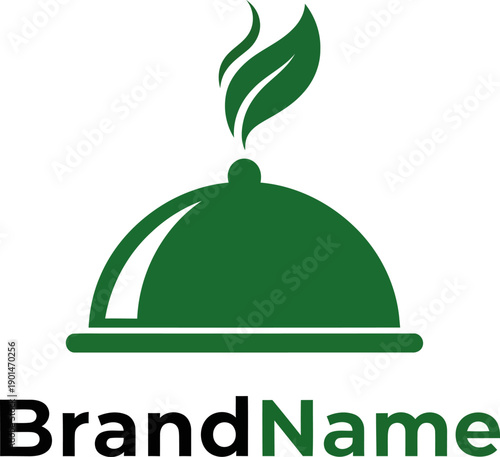 Green Restaurant Logo Template with Cloche and Leaves.