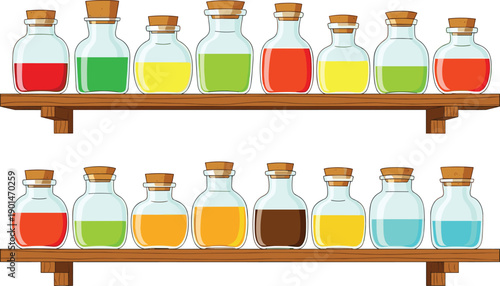 Cartoon of glass bottles with cork stoppers on wooden shelves filled with colorful liquids cartoon laboratory
