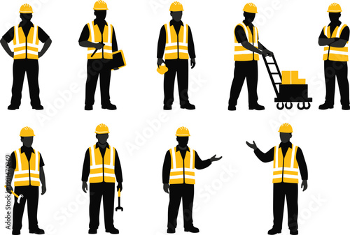 Construction workers in yellow vests and hard hats laborers engineers builders