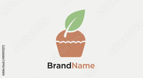 Cupcake Logo Design with Green Leaf and Brand Name Placeholder.