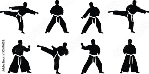 Karate silhouettes of men in various fighting stances and kicks martial arts