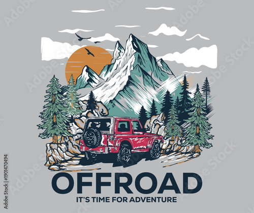 Offroad adventure artwork. Keep nature wild. Mountain artwork for apparel, sticker, batch, background, poster and others. Mountain Outdoors t shirt vector design. Road trip by car.