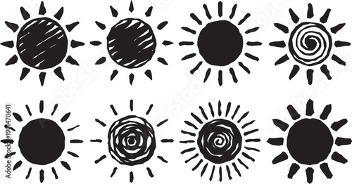 Hand drawn sun icon set with black sketch scribble circles for weather and summer