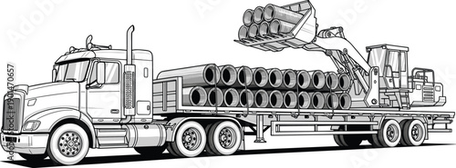 Semi truck trailer with pipes and excavator lifting pipes construction
