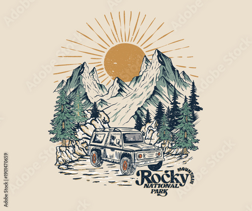 Rocky mountain design. Keep Exploring artwork. Mountain Outdoors t shirt vector design. Mountain explore vintage artwork for apparel, sticker, batch, background, poster and others.