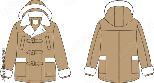 Tan parka with white fur trim front and back view winter coat hooded jacket fur lined hood