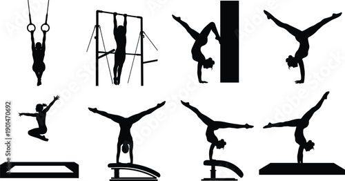 Silhouettes of gymnasts performing various exercises on different apparatus gymnastics black and white
