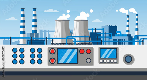 Industrial Power Plant with Cooling Towers and Control Panel, Vector Illustration