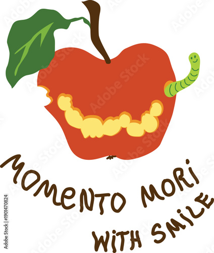 Concept Momento mori with smile. Poster of an apple bitten by a worm with text. Hand-drawn technique. Primitive drawing. Idea for business, marketing, design