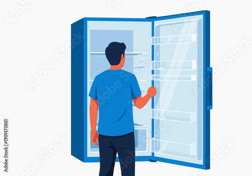 An illustrated vector of a man opening an empty refrigerator, food concept
