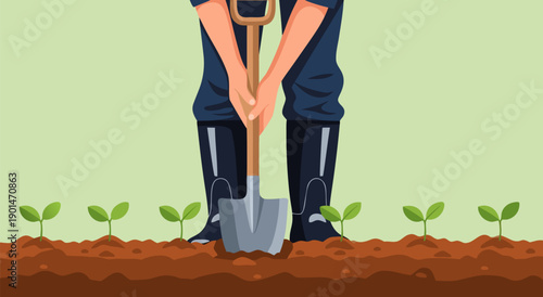 Gardening with a Shovel A Vector Illustration of Planting Seedlings in Soil